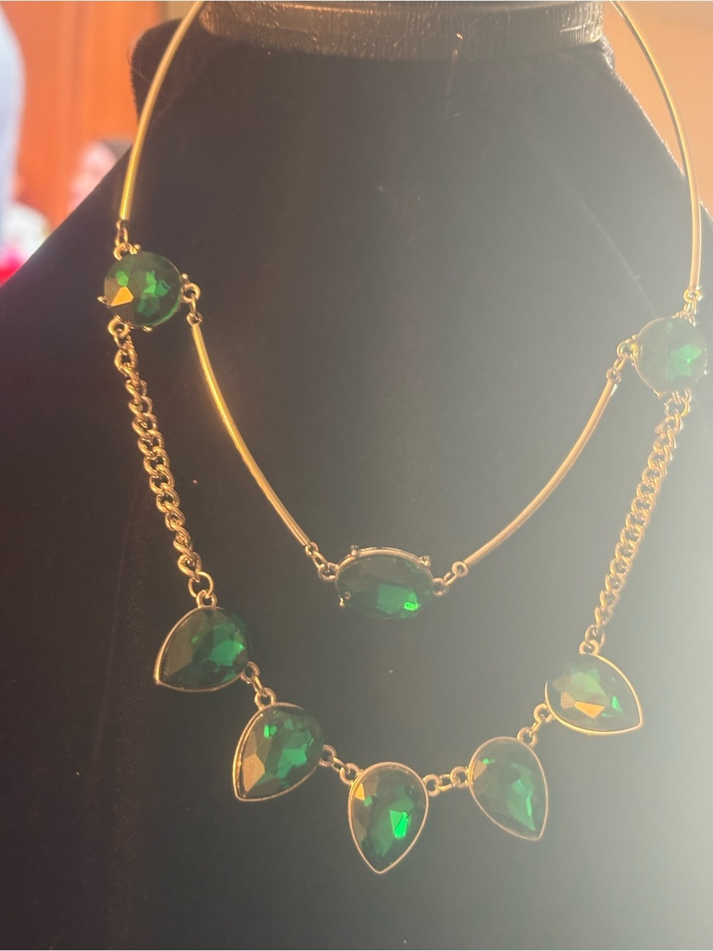 Gold-Tone Necklace with Emerald Green Teardrop Stones - Women Jewelry